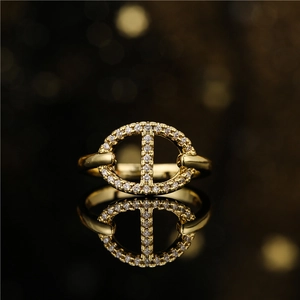Geometric Pig Nose Open Ring Gold Plated Copper Micro Paved Zircon Adjustable Elegant Jewelry For Women