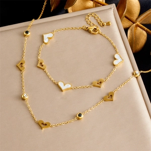 Heart Necklace And Bracelet Jewelry Stainless Steel White Shell Zircon Inlaid Elegant Korean Style For Women