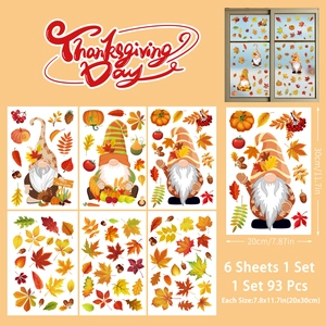 6 sheets of Thanksgiving window clings with pumpkins, gnomes, and maple leaves