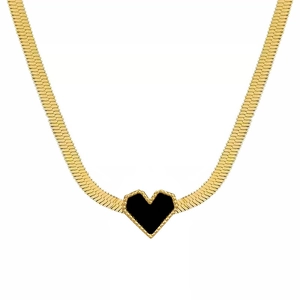 Titanium steel snake chain necklace with black heart pendant and gold bead trim details