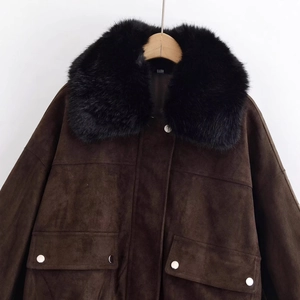 Brown suede jacket with plush black fur collar and silver metallic buttons