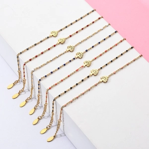 Adjustable 18k gold plated stainless steel bracelets with colorful beads and tree of life charms