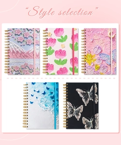 Detailed selection of A5 spiral notebooks featuring 3D oil painting textured floral covers