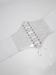 Detail view of a wide white lace corset belt with elastic band and ribbon lacing