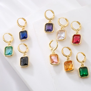 Geometric Rectangle Zircon Hoop Drop Earrings Copper 18K Gold Plated Luxury Fashion For Women