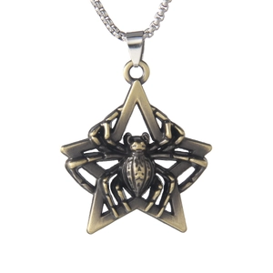 Vintage bronze spider pentagram necklace with silver chain on white background