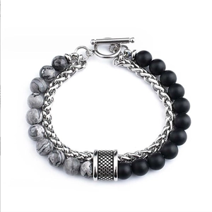 Detail of bohemian double-strand bracelet with matte natural stones and T-bar toggle clasp