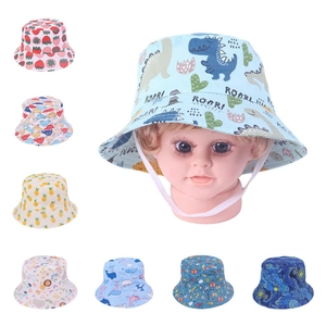 Kids Cartoon Printed Bucket Hat For Boys Girls Polyester Cotton Baby Sun Protection Outdoor Fisherman Hat With Windproof Strap