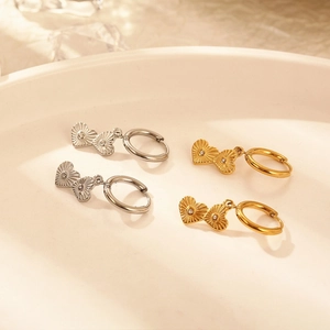 Fashionable stainless steel heart drop earrings with gold and silver finishes and crystal