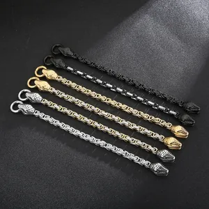 Byzantine chain bracelets with engraved snake heads in gold, silver, and black finish