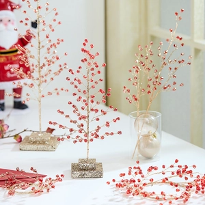 Red Acrylic Bead Christmas Tree Wreath Garland Golden Wire Festive Holiday Desktop Decoration DIY Branch