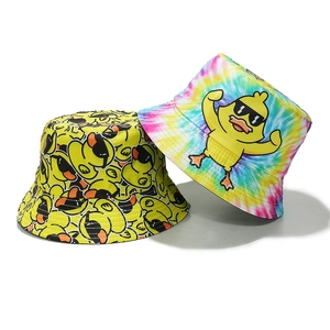 Double-sided reversible sun hat featuring cute cartoon duck prints and tie-dye patterns
