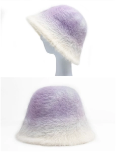 Close-up of soft faux rabbit fur texture on gradient purple plush bucket hat for women