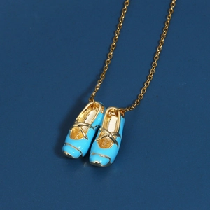 Chic gold O-chain necklace featuring delicate blue enamel ballet slipper pendants