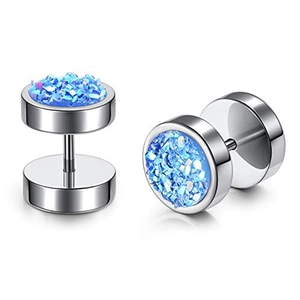 Macro view of silver stainless steel dumbbell studs with blue crystal inlay details