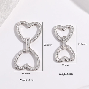 S925 sterling silver heart-shaped connectors with zircon stones for DIY jewelry