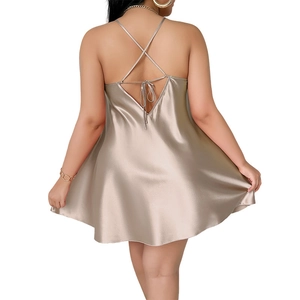 Sexy backless champagne gold satin sleepwear with cross straps and lace-up silk finish