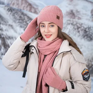 Winter Knit Hat Scarf And Touchscreen Gloves Thick Acrylic Fleece Lining Cable Pattern Outdoor Warm Fashion Unisex