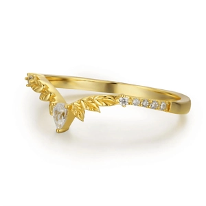 Minimalist S925 sterling silver V-shape gold leaf ring with pear-cut zircon stones