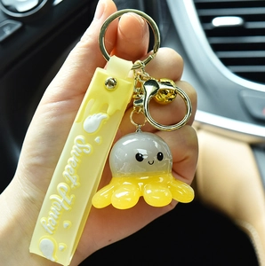 Detailed view of a cute resin octopus keychain with LED light and sweet honey strap.