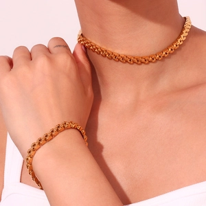 18K gold plated watchband chain necklace and bracelet set in minimalist polished finish