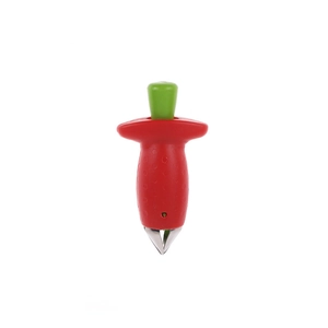 Close-up of stainless steel strawberry huller tool with red plastic handle and metal claws