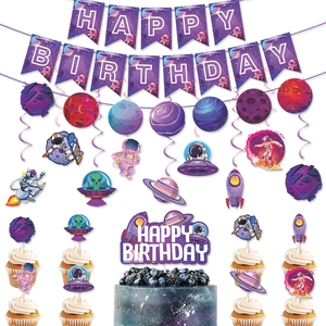 Astronaut Space Theme Birthday Party Decorations Paper Cardboard Banner Hanging Swirls Cake Toppers For Kids Party Supplies
