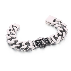Mens vintage silver wolf head cuban link bracelet in polished stainless steel