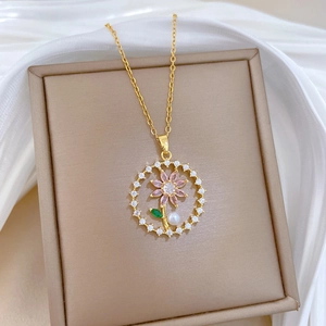 Elegant titanium steel necklace with pink flower pendant, white zircons and pearl detail