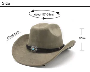 Size chart for western suede cowboy hat showing 58cm circumference and 8cm brim width