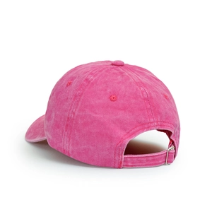 Detailed back view of a rose pink washed cotton baseball cap with silver metal buckle