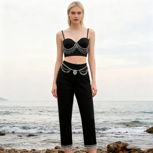 Women Sexy Black Camisole And Cropped Pants Rhinestone Tassel Fringe Sparkly Slim Party Clubwear Elegant Night Out