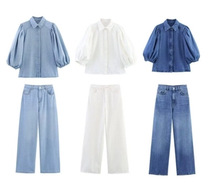 Mise à plat d'un ensemble en denim avec chemise polo à manches bouffantes et jean large