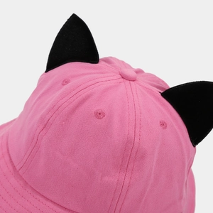 Pink cotton bucket hat with black cat ears decoration for kids and casual wear