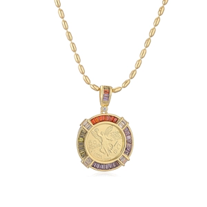 Minimalist 18K gold plated necklace with a 50 Pesos coin pendant and colorful zircons