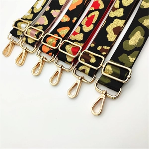 Close-up of adjustable leopard print bag straps with golden metallic thread and hardware
