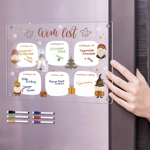 Clear acrylic magnetic wish list board on fridge with six colorful markers in hand