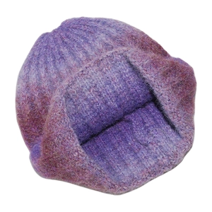 Detail of purple chunky knit beanie showing mohair texture and gradient color effect