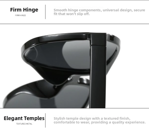 Detail of sturdy metal hinges and elegant temples on black oversized sunglasses