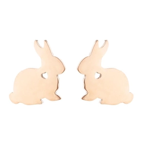 Minimalist rose gold rabbit stud earrings with heart cutout design on white background