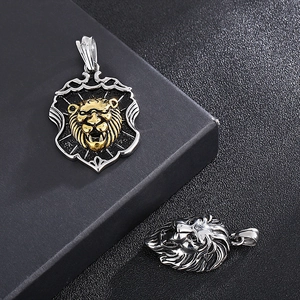 Men's titanium steel lion head shield necklaces in gold and silver metallic finishes