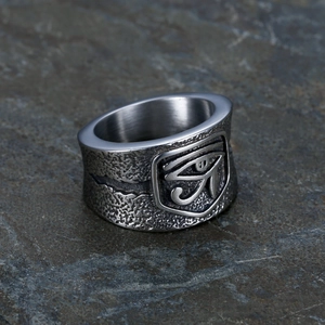 Polished stainless steel Eye of Horus ring with a textured vintage band for men