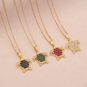 Sea Turtle Pendant Necklace Stainless Steel Clavicle Chain With Colorful Rectangular Cubic Zirconia Fashion Jewelry