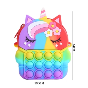 Rainbow unicorn push pop silicone coin purse dimensions showing 14cm height and 10.5cm width