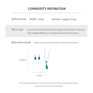 Detailed infographic showing size and weight for blue zircon jewelry set