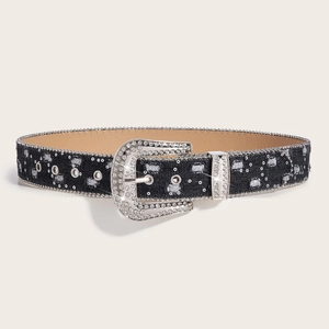 Vintage black denim belt with silver rhinestones and studded buckle for women dress