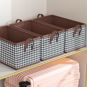 Three-piece set of foldable houndstooth storage bins with handles for home organization