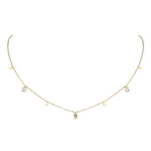Detail of gold titanium necklace with teardrop zircons and gold disc charms on white base