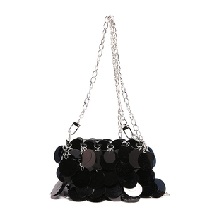 Sparkling black sequin crossbody bag with elegant silver chain strap for women