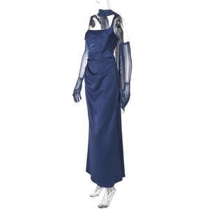 Detail of navy blue satin dress showing elegant texture with matching mesh gloves